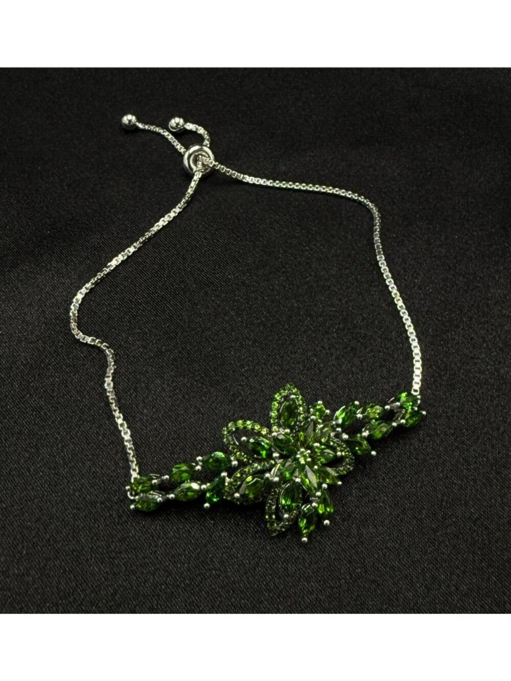 Rare Find DK 925 Sterling Silver Bracelet With Chrome Diopside Floral Design